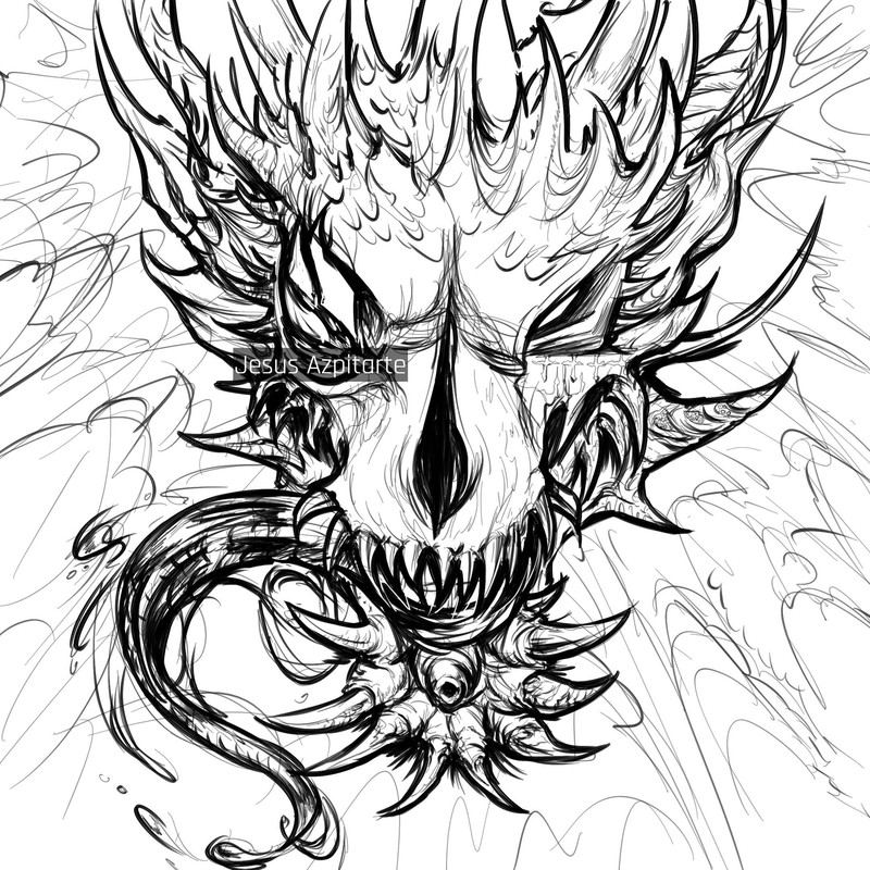 Greyscale digital drawing of a ferocious dragon 