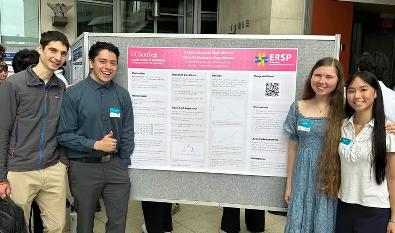 Group portrait of Jesus Azpitarte with fellow undergraduate researchers standing in front of their quantum computing conference poster.
